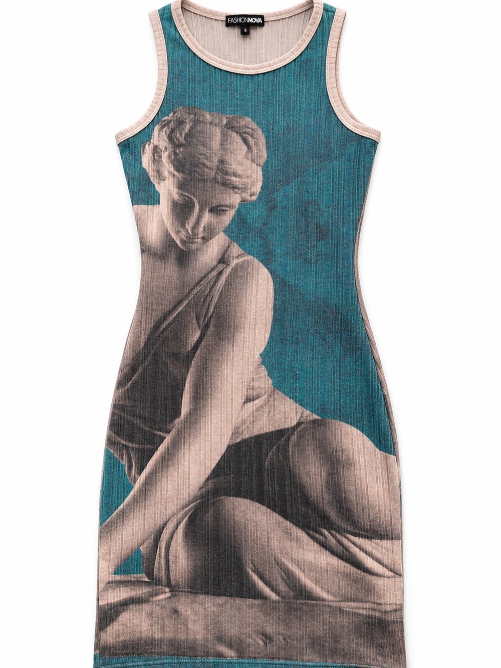 Fashion Nova Teal & Beige Sculpture Ribbed Tank Dress